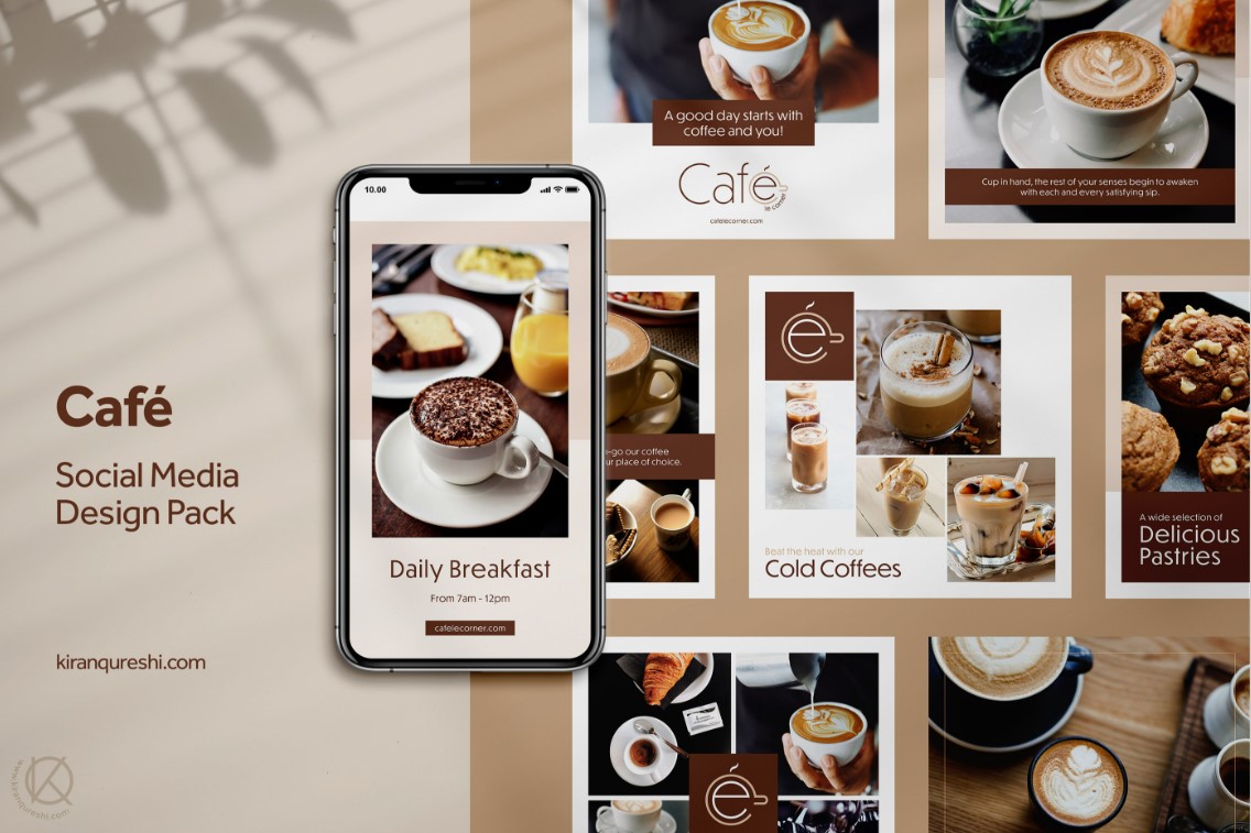 Mockup de posts para mídias sociais com tema de cafeteria, mostrando organização e design profissional.