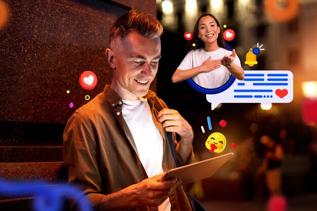 Homem sorridente usando um tablet com ícones de mídia social ao redor.