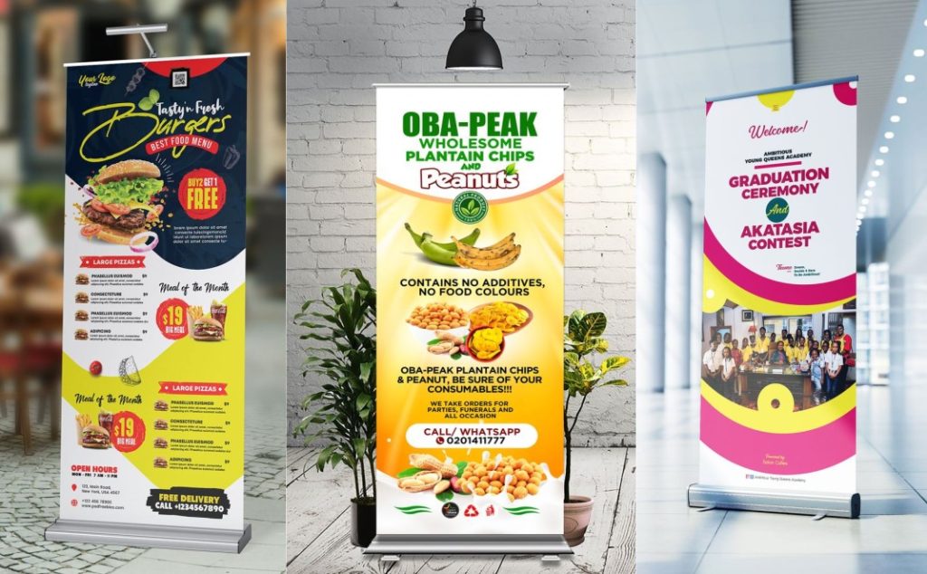 Três exemplos de banners para comércio com designs vibrante e informativos.