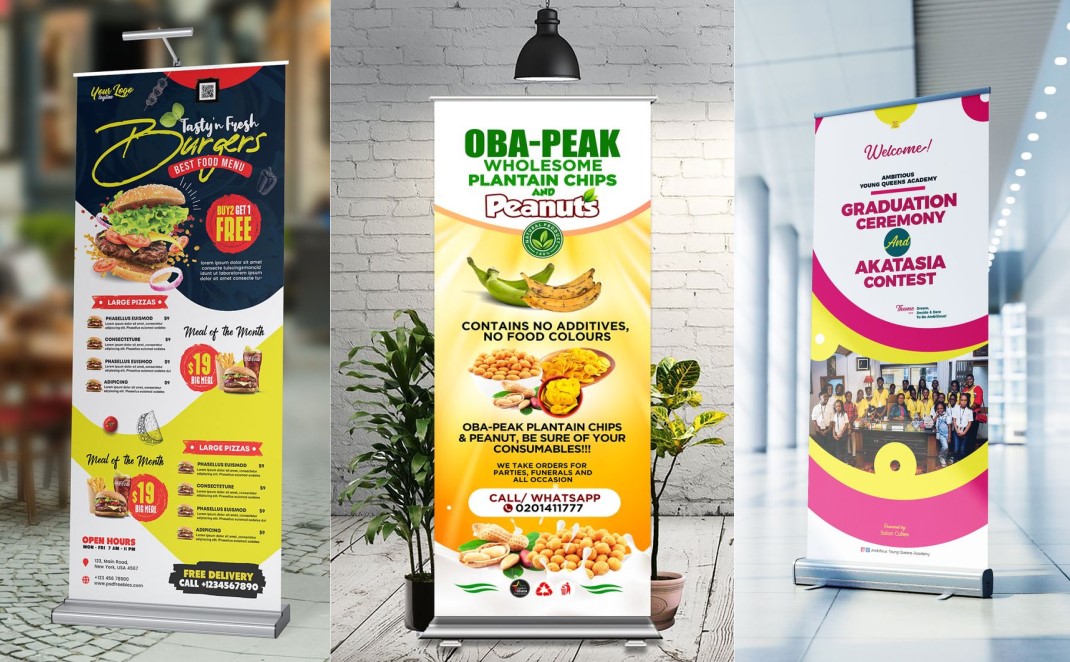 Três exemplos de banners para comércio com designs vibrante e informativos.