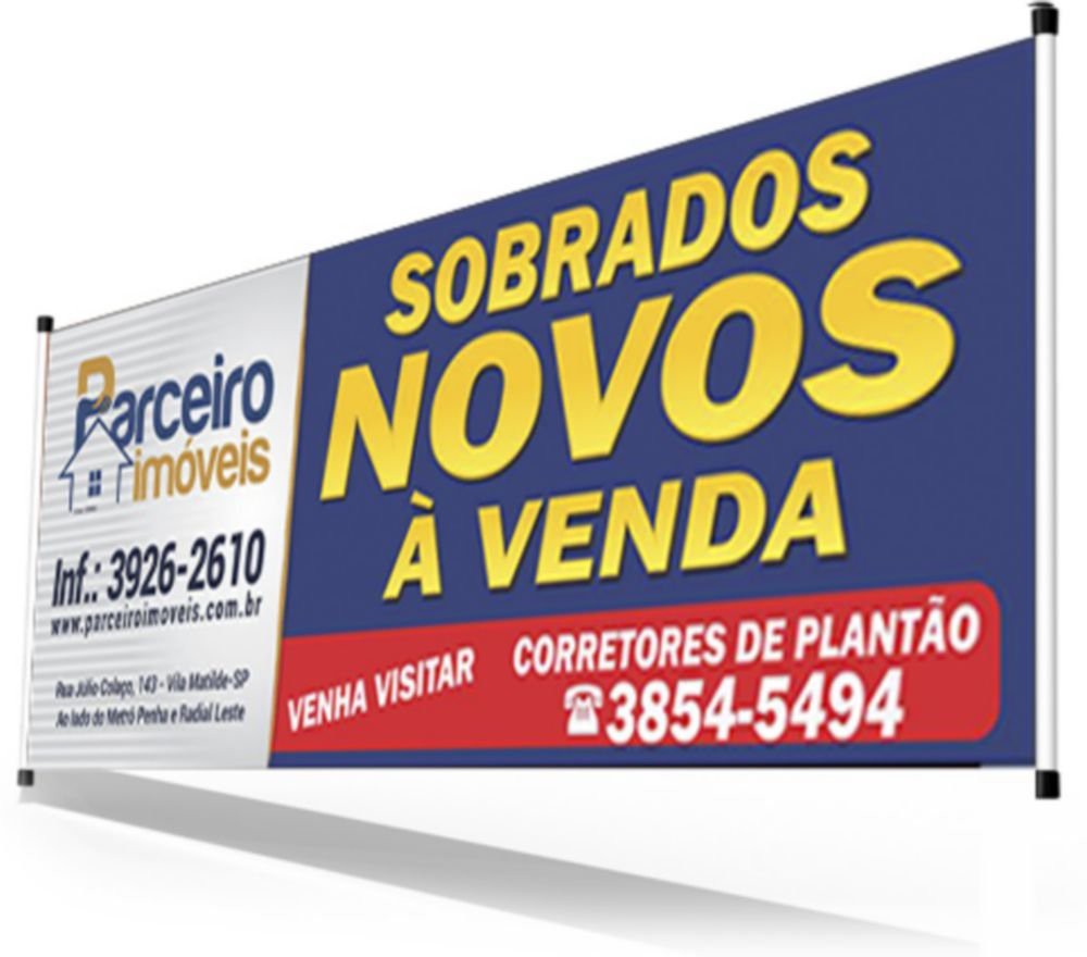 Banner azul com detalhes em amarelo anunciando sobrados novos à venda.