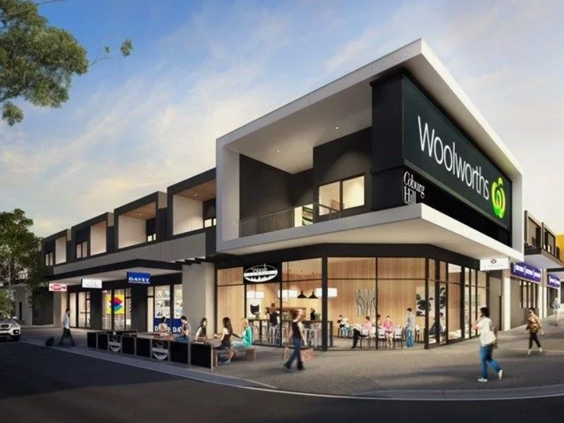 Fachada supermercado Woolworths com design moderno