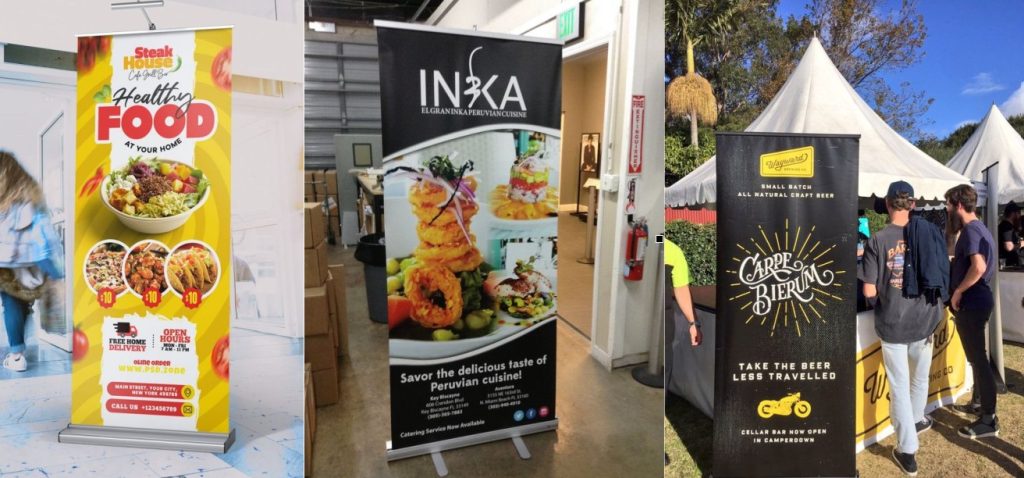 Banners para restaurantes de comida saudável, peruana e cervejaria artesanal.