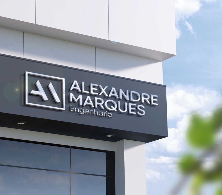 Fachada da Alexandre Marques Engenharia com letreiro branco e logo estilizado.