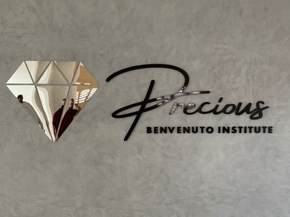 Parede decorativa com um elemento espelhado em forma de diamante e texto estilizado \"Precious BENVENUTO INSTITUTE\".