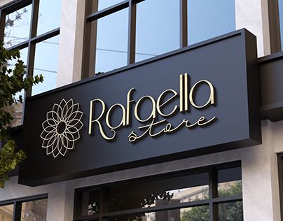 Placa comercial "Rafaella Store" com design elegante em preto e dourado.