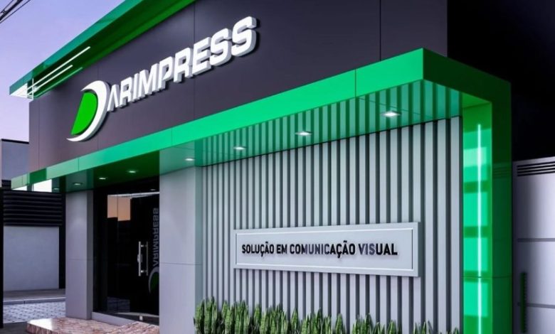 Fachada "ARIMPRESS" com design moderno em preto e verde.