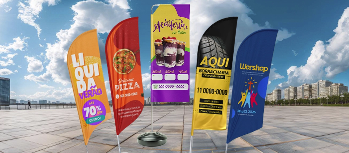 Banners verticais coloridos ao ar livre, anunciando diversas promoções e eventos.