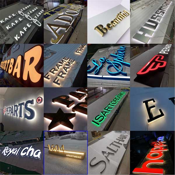 Letras de acrílico iluminadas em diferentes estilos e cores.