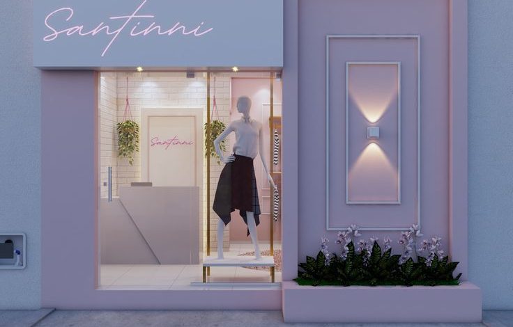 Fachada comercial moderna com placa Santinni e manequim decorativo iluminado.