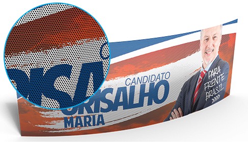 Banner político com candidato, slogan e detalhe técnico de impressão ampliado.