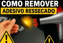 Remoção de adesivo com secador e técnica de calor controlado.